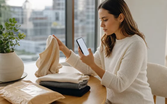 Shopper comparing a garment with product information while considering a SHEIN Free Trial application